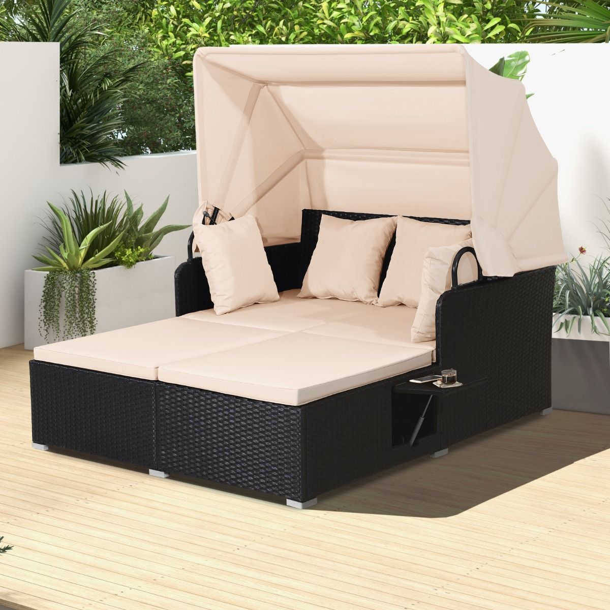 Chaise Longue à 2 Places en Rotin avec Auvent Rétractable Bain de Soleil avec Panneaux Latéraux Pliables Charge 360KG Beige/Gris