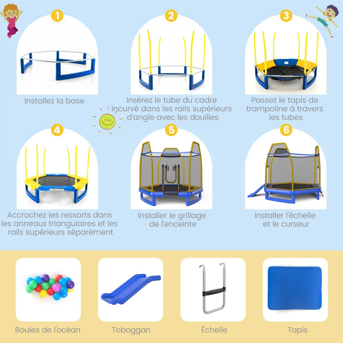Trampoline Extérieur Ø 223cm avec Toboggan&Echelle avec Filet de Sécurité 2 Portes en U Charge 270kg pour 2-3 Enfants de 3 Ans+ Bleu/Vert