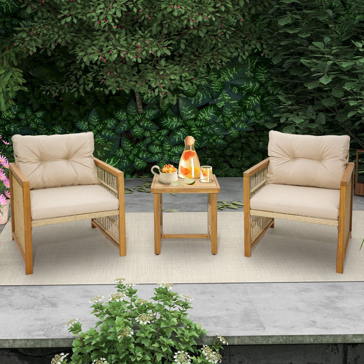 Salon de Jardin avec 1 Table et 2 Fauteuils en Bois d'Acacia et Rotin Anti-UV Pieds Réglables Coussins avec Zip Nautel