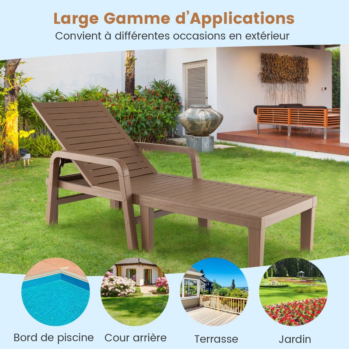 Bain de Soleil de Jardin Réglable à 4 Positions avec 6 Pieds de Soutien pour Jardin Cour Piscine Patio Jusqu'à 150 kg Naturel