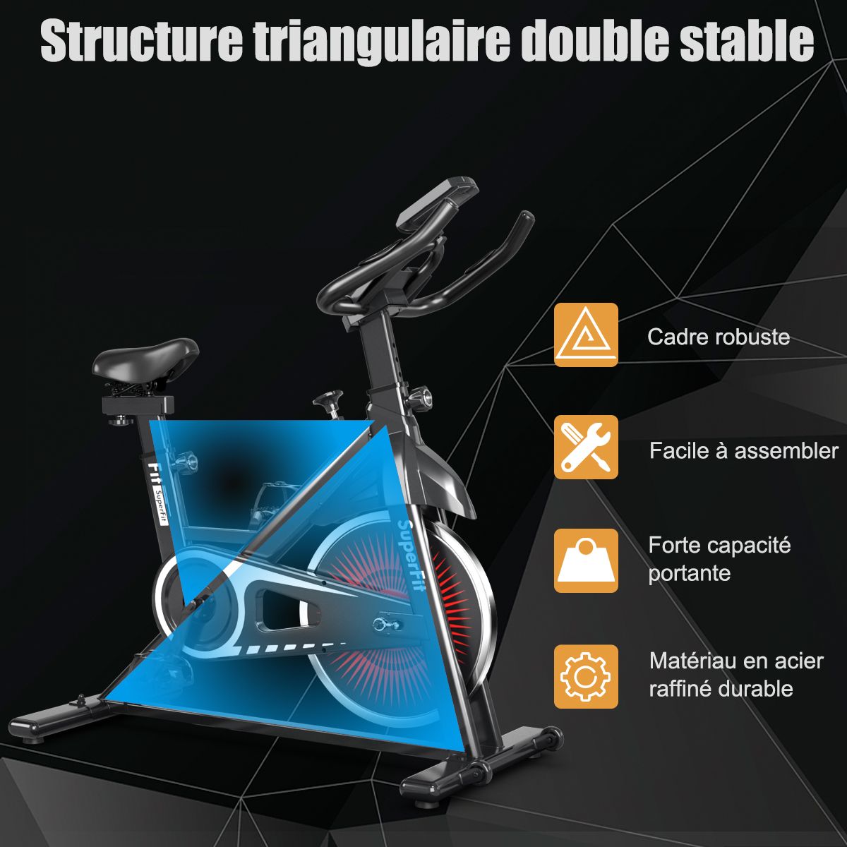 Vélo d’appartement silencieux avec roue et guidon en acier