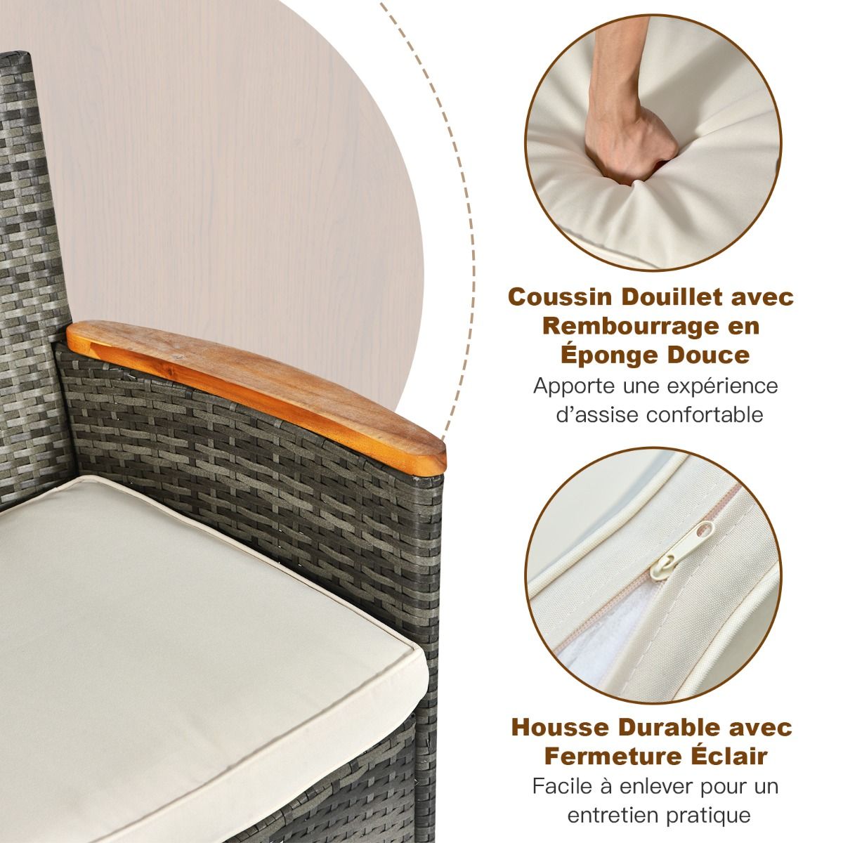 Salon de Jardin avec 1 Table et 8 Chaises en Bois et Rotin Synthétique Anti-UV Pieds Réglables et Coussins Imperméables Inclus