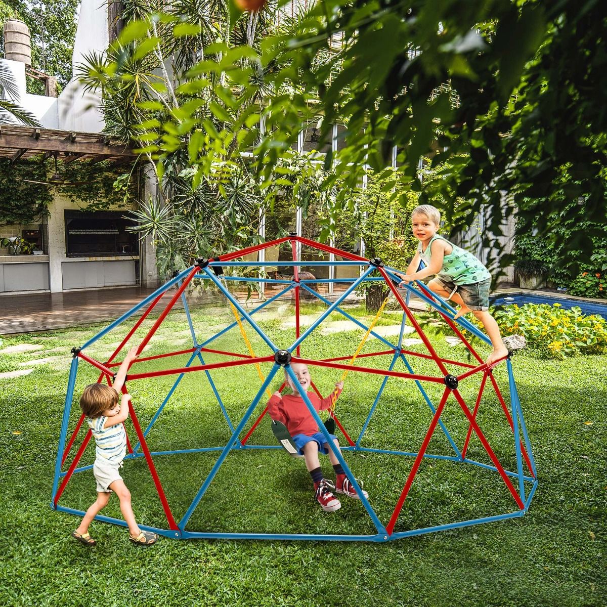 Dôme d'Escalade de 305cm avec Balançoire Cage d'Escalade en Métal Charge Max 363 kg Intérieur Extérieur pour Enfants de 3-10 Ans Jaune/Rouge