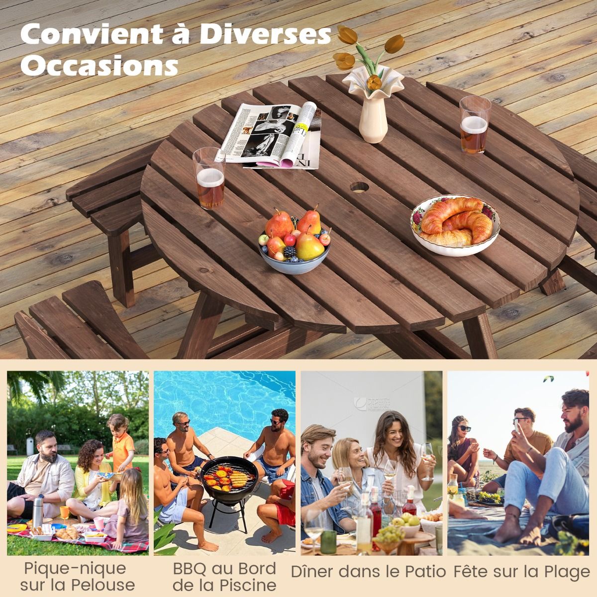 Ensemble Table de Pique-Nique en Bois pour 2 à 8 Personnes Set Table et Banc Circulaire avec 4 Bancs Intégrés Trou de Parasol de 5cm Marron/Jaune