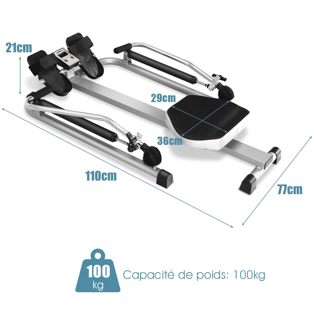 Rameur de Fitness Résistance Hydraulique Réglable 50kg Affichage LCD Pédale Antidérapante Charge de 100 kg Argenté