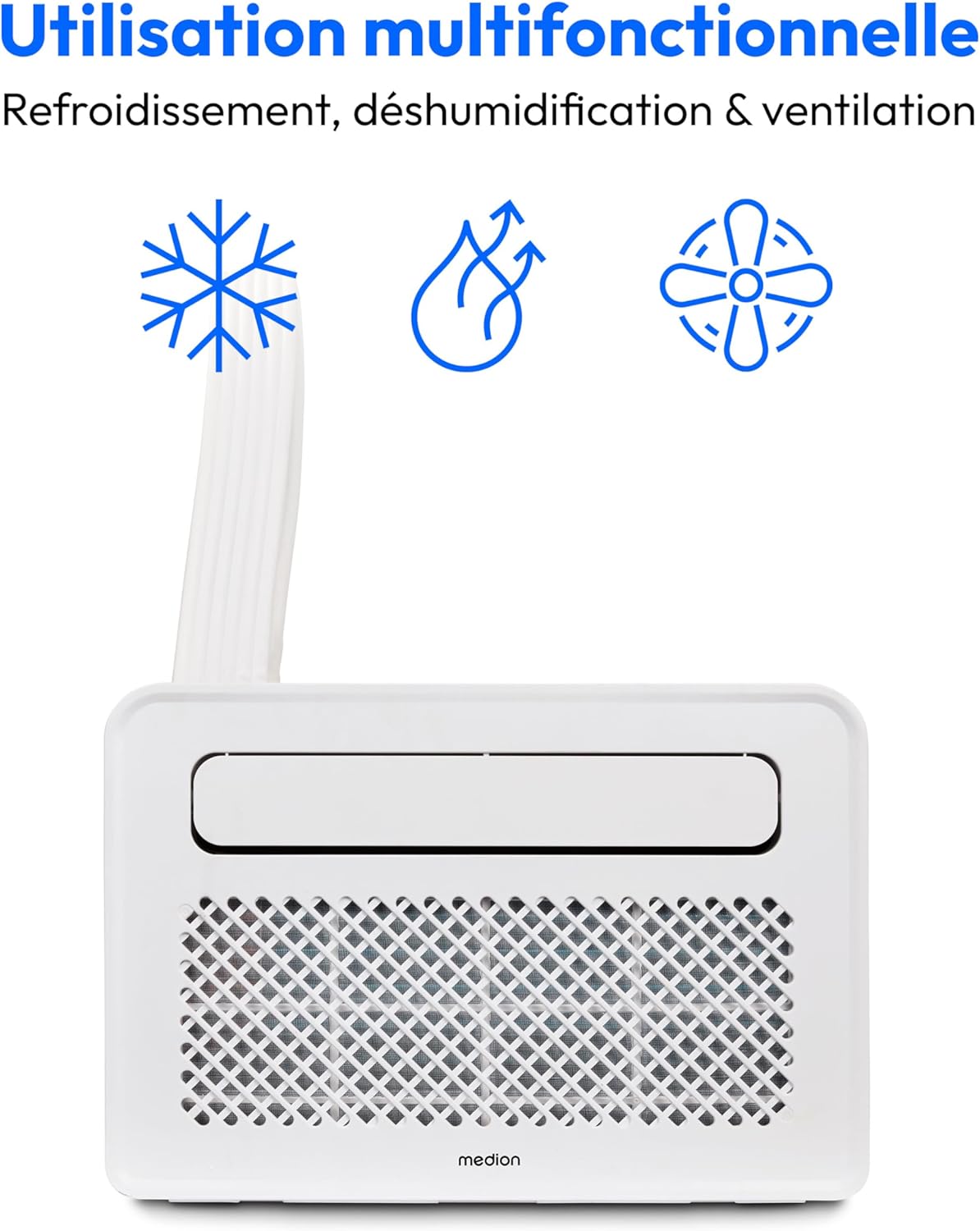 MEDION Smart Climatiseur Split P502 (5000 BTU, 3-en-1, Refroidir, Déshumidification, Ventilation, pour caravane, camping-car, kit de joint de fenêtre, mode sommeil, contrôle Wifi, Écran, MD 37735)