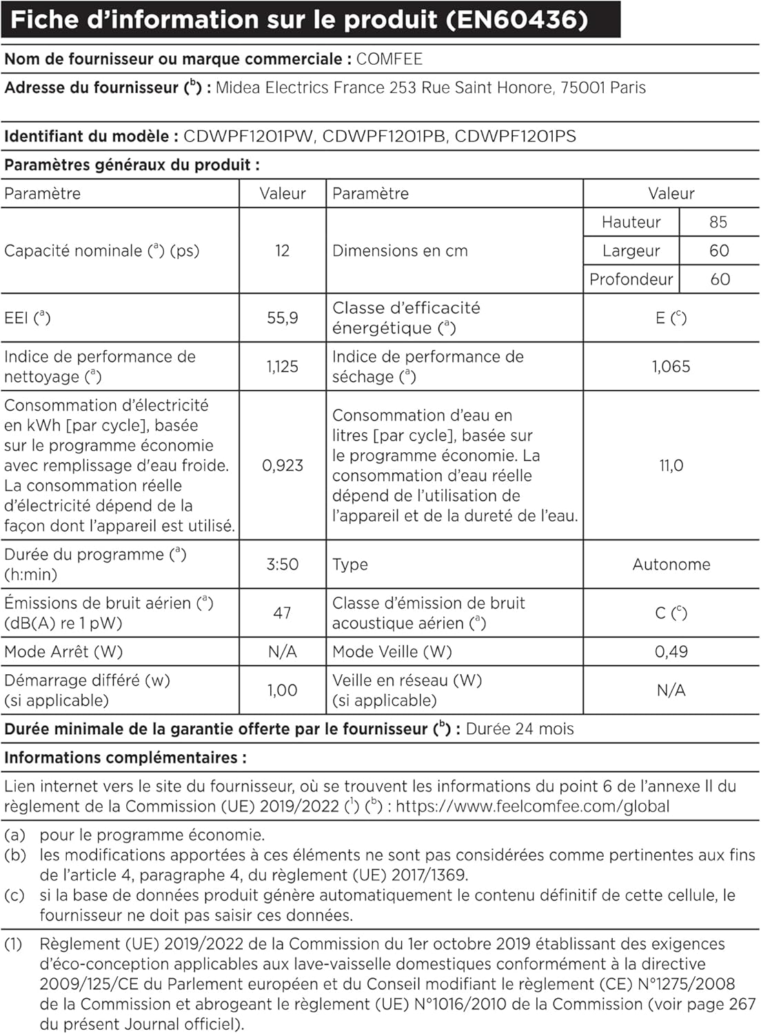 COMFEE’ CDWPF1201PS | Lave-vaisselle Pose Libre 12 Couverts