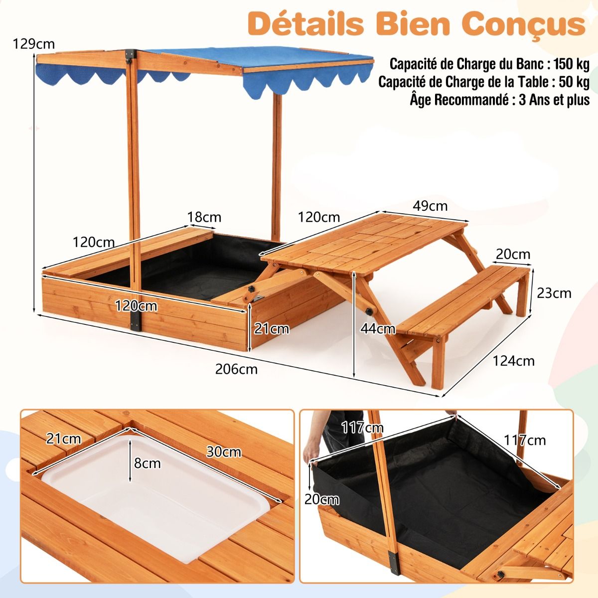 Bac à Sable en Bois pour Enfants avec Couvercle Aire de Jeux avec Table Sensorielle Pliable & Banc Parasol Ajustable pour 3+ Ans Naturel