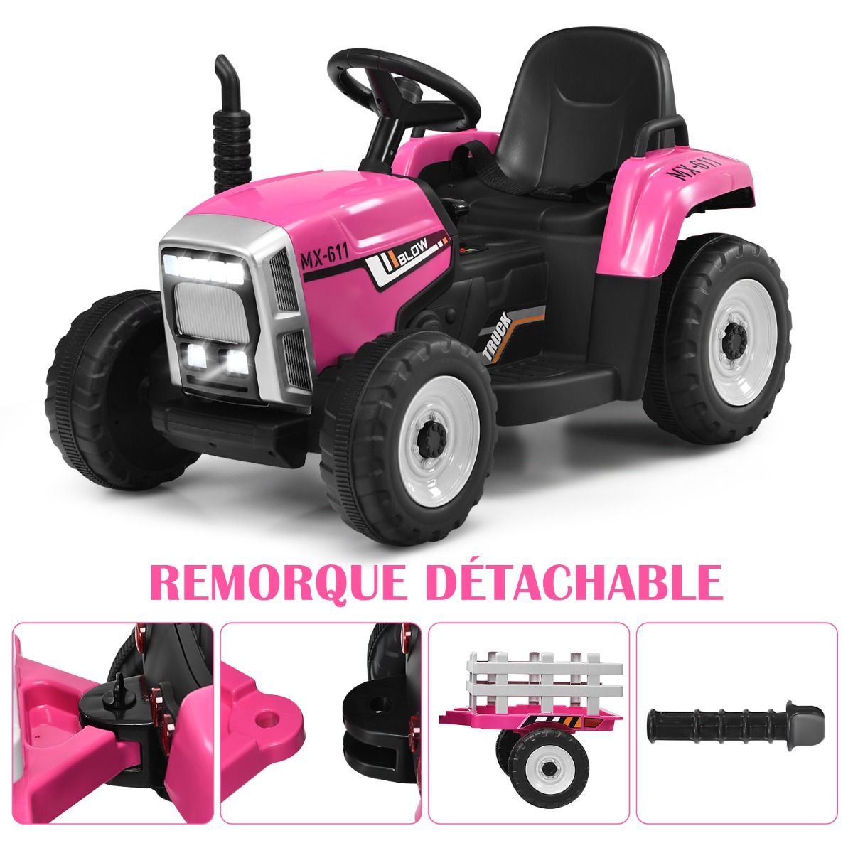 Tracteur Electrique avec Remorque pour Enfants 3 Vitesses Lumières LED Fonctions Audio USB et Bluetooth Jaune/Rose/Rouge/Vert/Vert Foncé/Noir