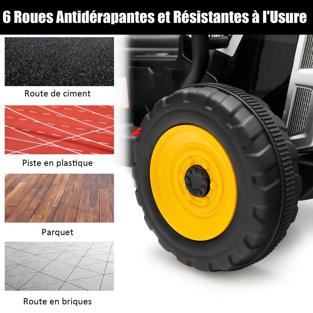 Tracteur Electrique avec Remorque pour Enfants 3 Vitesses Lumières LED Fonctions Audio USB et Bluetooth Jaune/Rose/Rouge/Vert/Vert Foncé/Noir