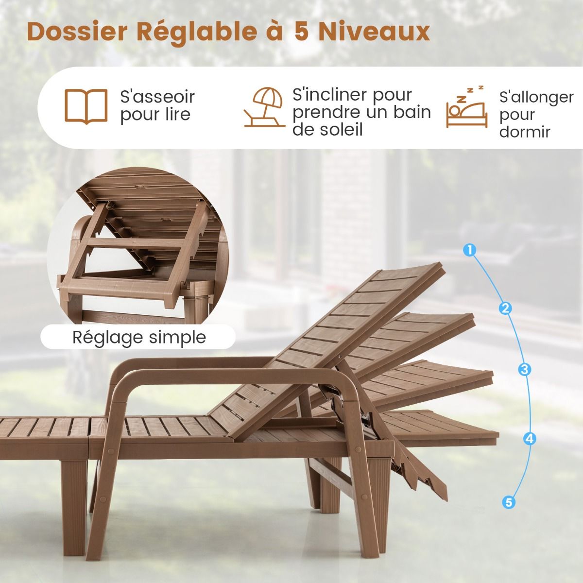 Bain de Soleil de Jardin Réglable à 4 Positions avec 6 Pieds de Soutien pour Jardin Cour Piscine Patio Jusqu'à 150 kg Naturel