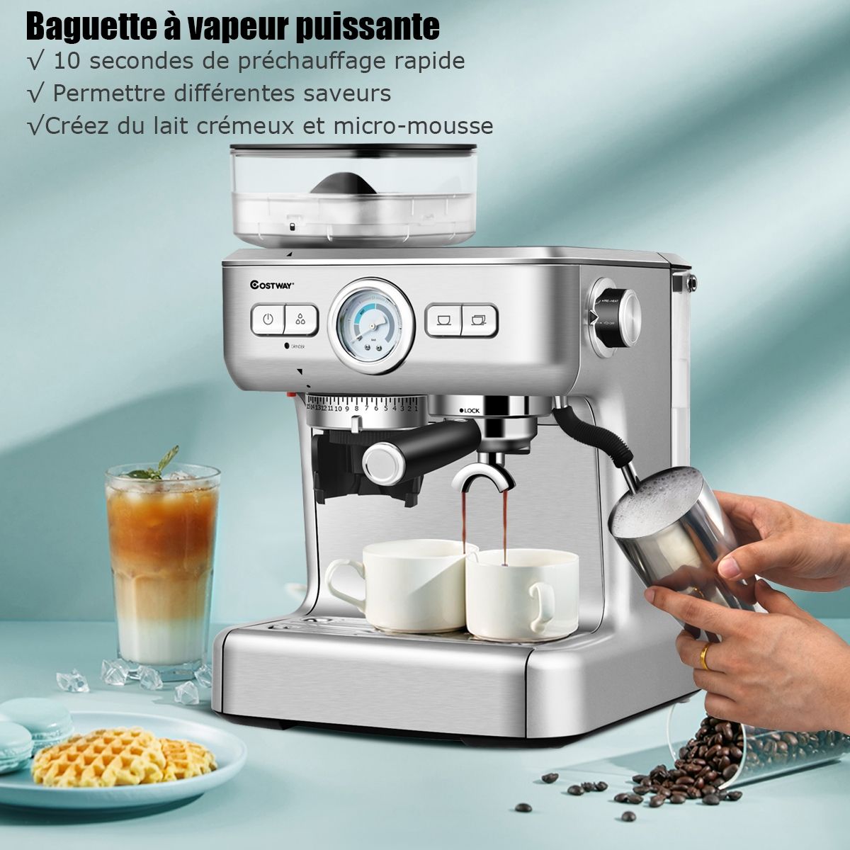 Machine à Café Automatique avec Broyeur à Grains 1350W 30 Niveaux de Poudre de Café Réglables Température Réglable