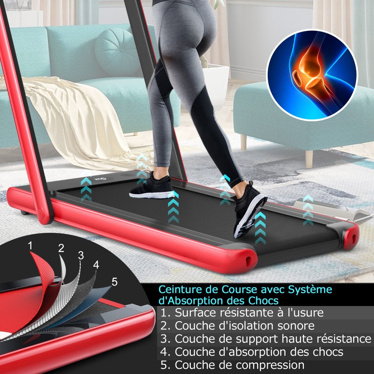 Tapis de Course Pliable 0,75HP Double Affichage LED APP et Télécommande Vitesse Motorisé 12 km/h Surface 40x100cm Rouge