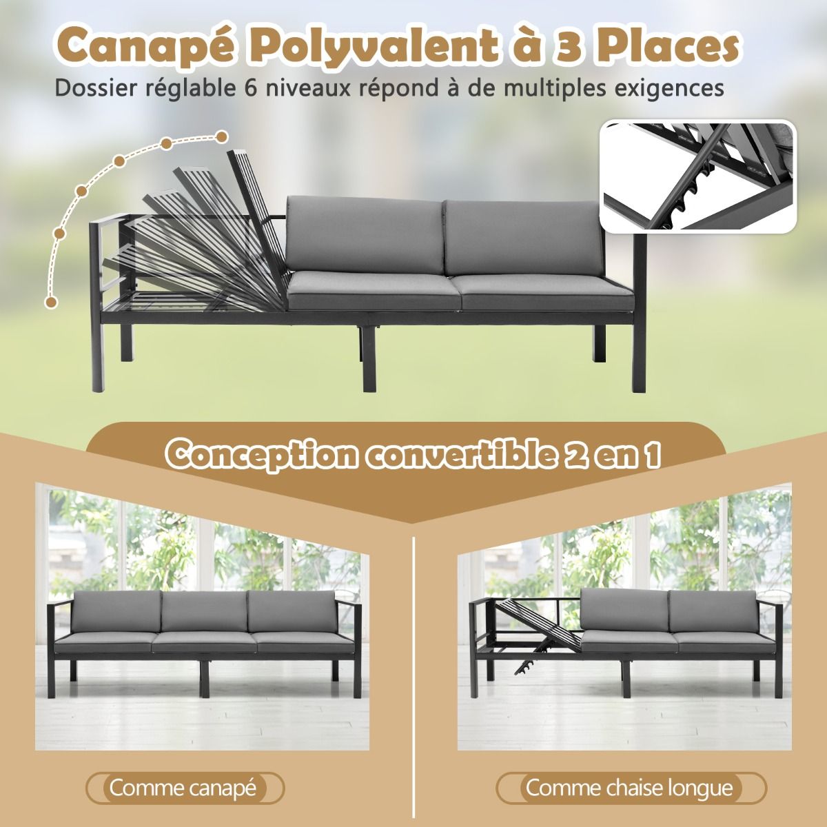 Salon de Jardin Extérieur avec Table Basse en Verre Trempé Canapéavec Dossier Inclinable à 6 Niveaux Coussins Inclus Gris