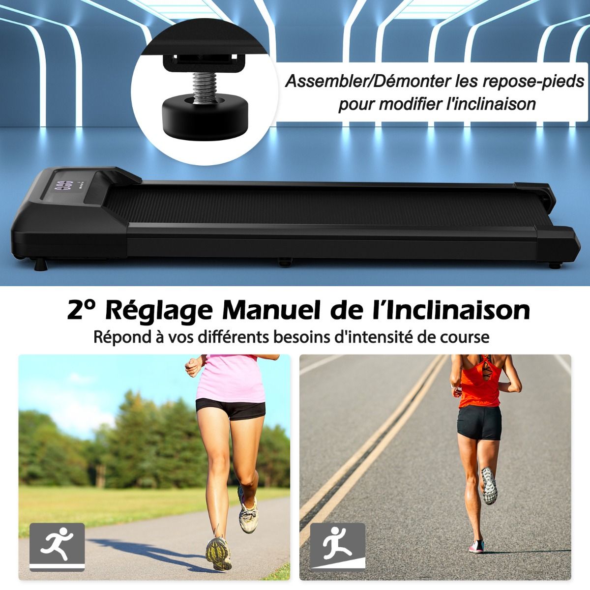 Tapis de Course Mince Tapis de Jogging avec Capacité de 120 Kg Télécommande et Écran Led Inclinable à Roulettes Tapis de Course à Glisser Gris/Noir/Rose