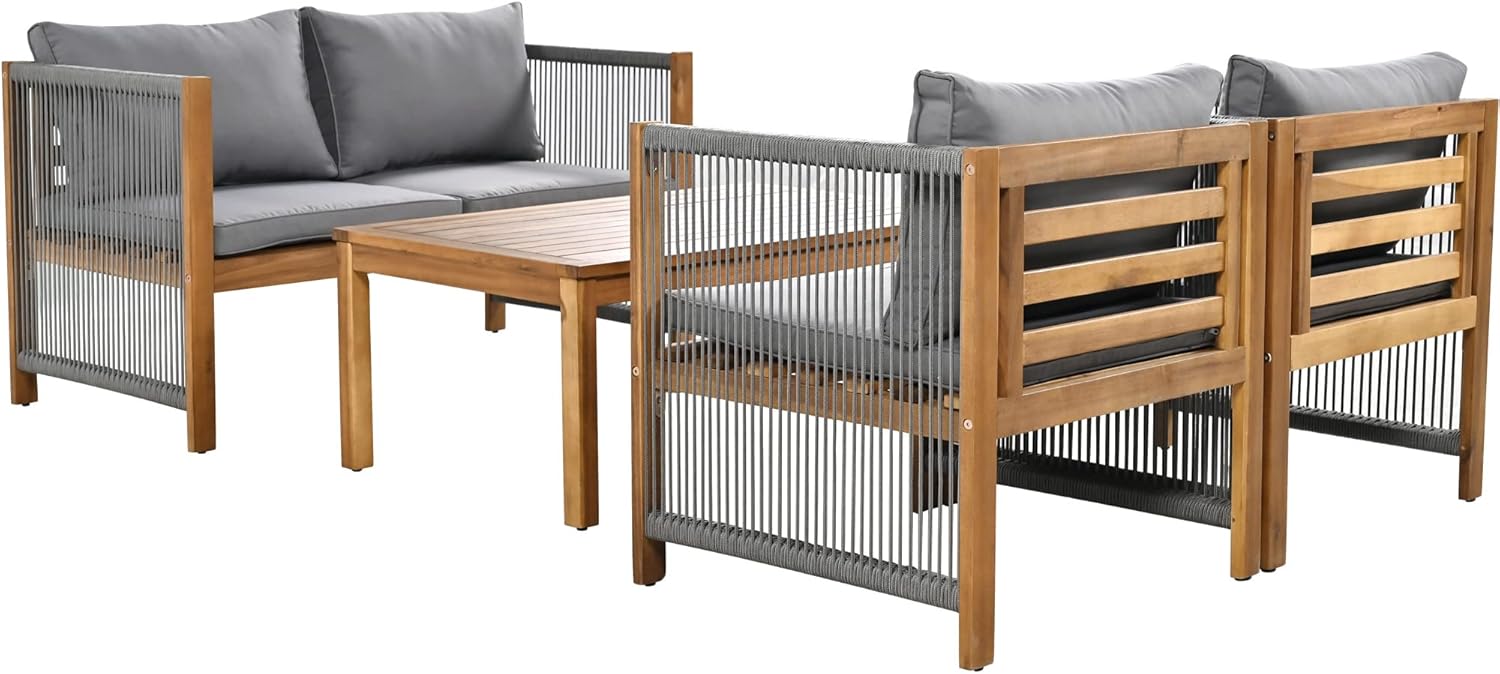 Zepneiy Salon de Jardin, Salon de Jardin 4 Personnes, avec canapé, Table Basse et Coussins, Housse en Tissu déhoussable et Lavable, Noir (Coussins d'assise Inclus)