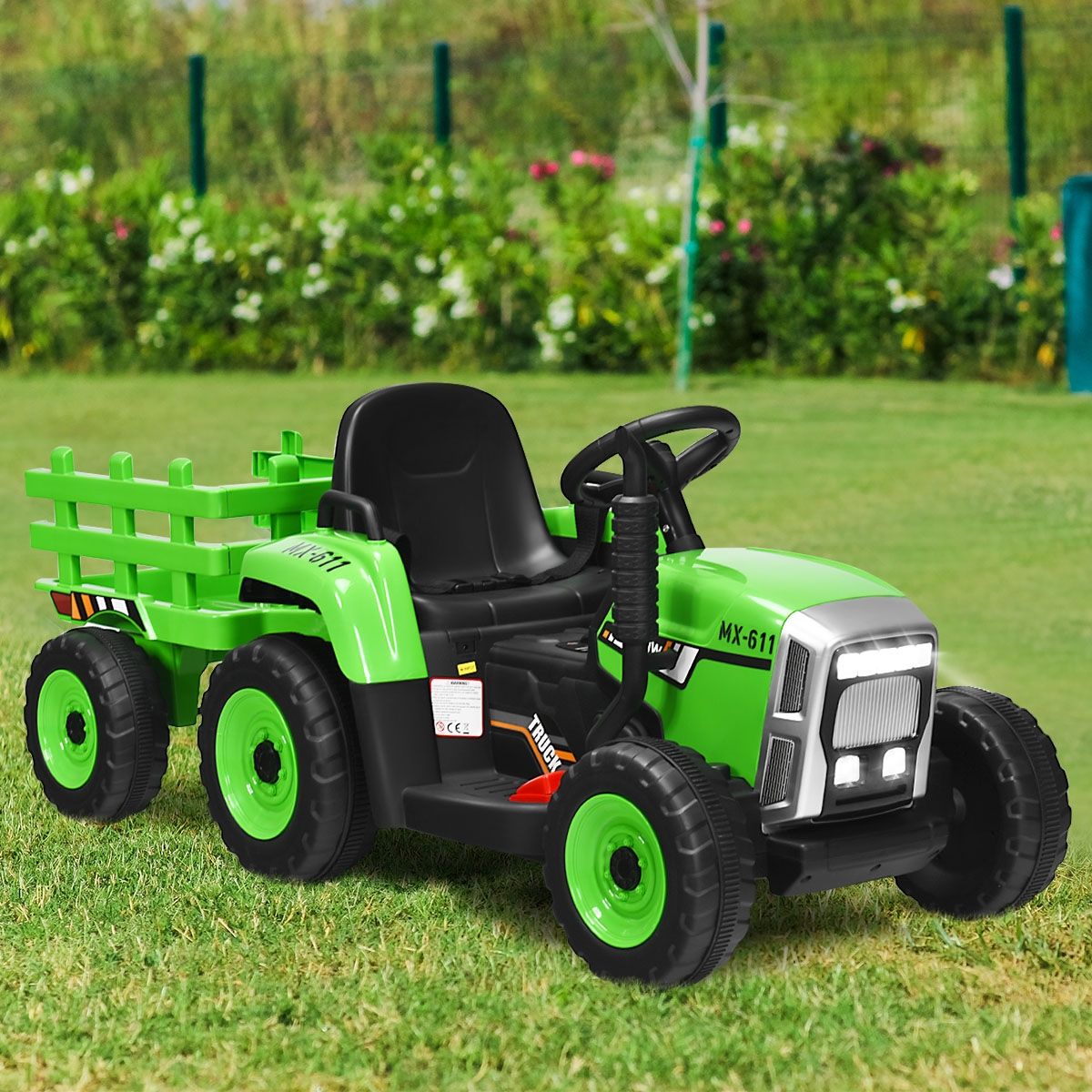 Tracteur Electrique avec Remorque pour Enfants 3 Vitesses Lumières LED Fonctions Audio USB et Bluetooth Jaune/Rose/Rouge/Vert/Vert Foncé/Noir