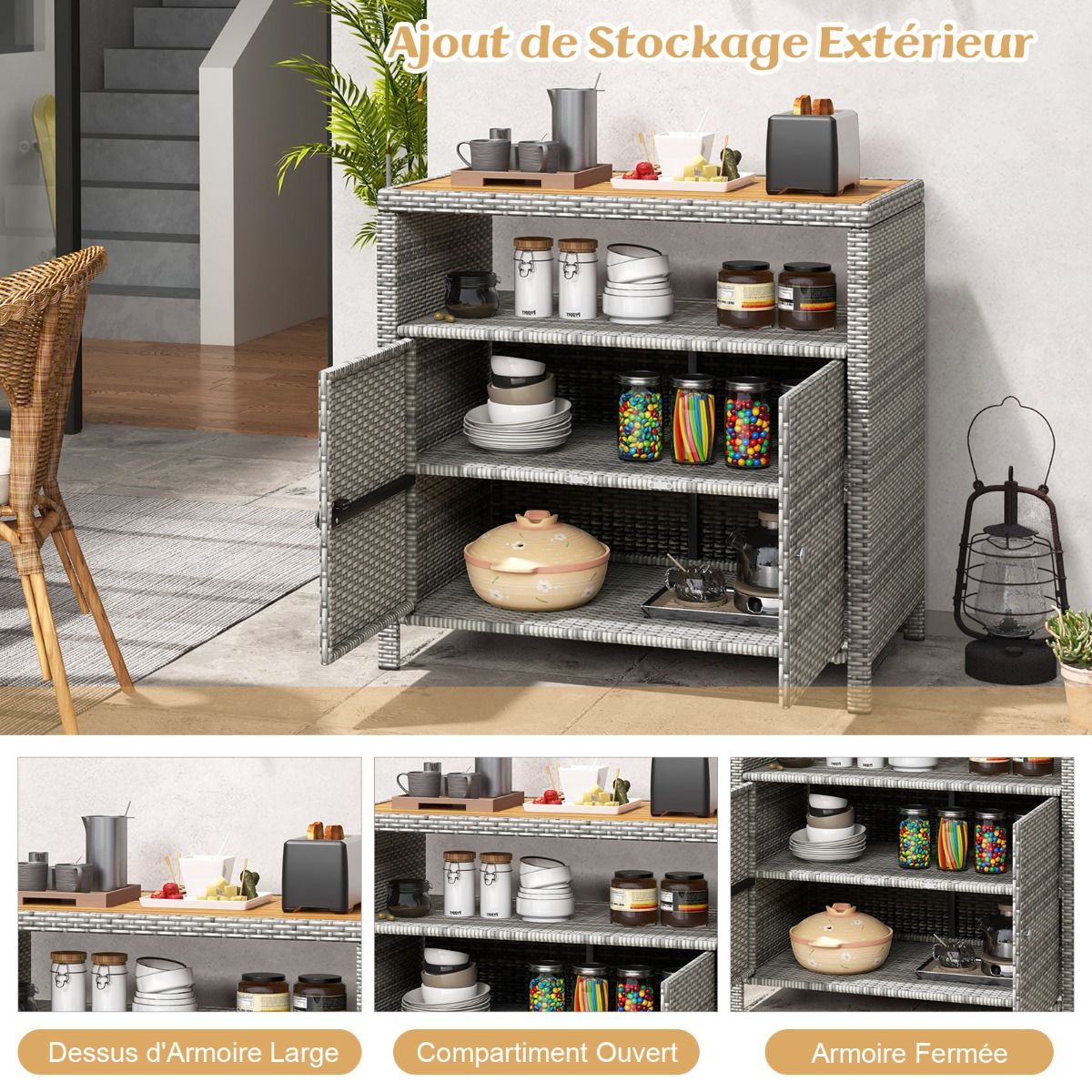 Armoire de Rangement Exterieur en Rotin Armoire de Jardin avec Plateau en Bois d'Acacia Compartiment Ouvert Buffet à 2 Portes