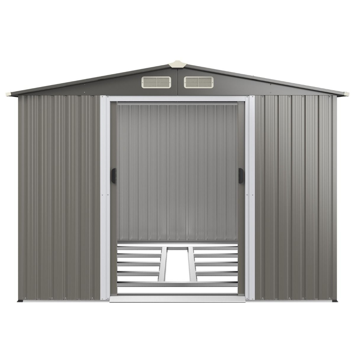 Abri de Jardin Métal Extérieur 9.74m³ Acier Galvanisé avec Fondation 4 Persiennes Double Porte et Rampe 260 x 207 x 181 cm Gris Foncé/Gris Clair