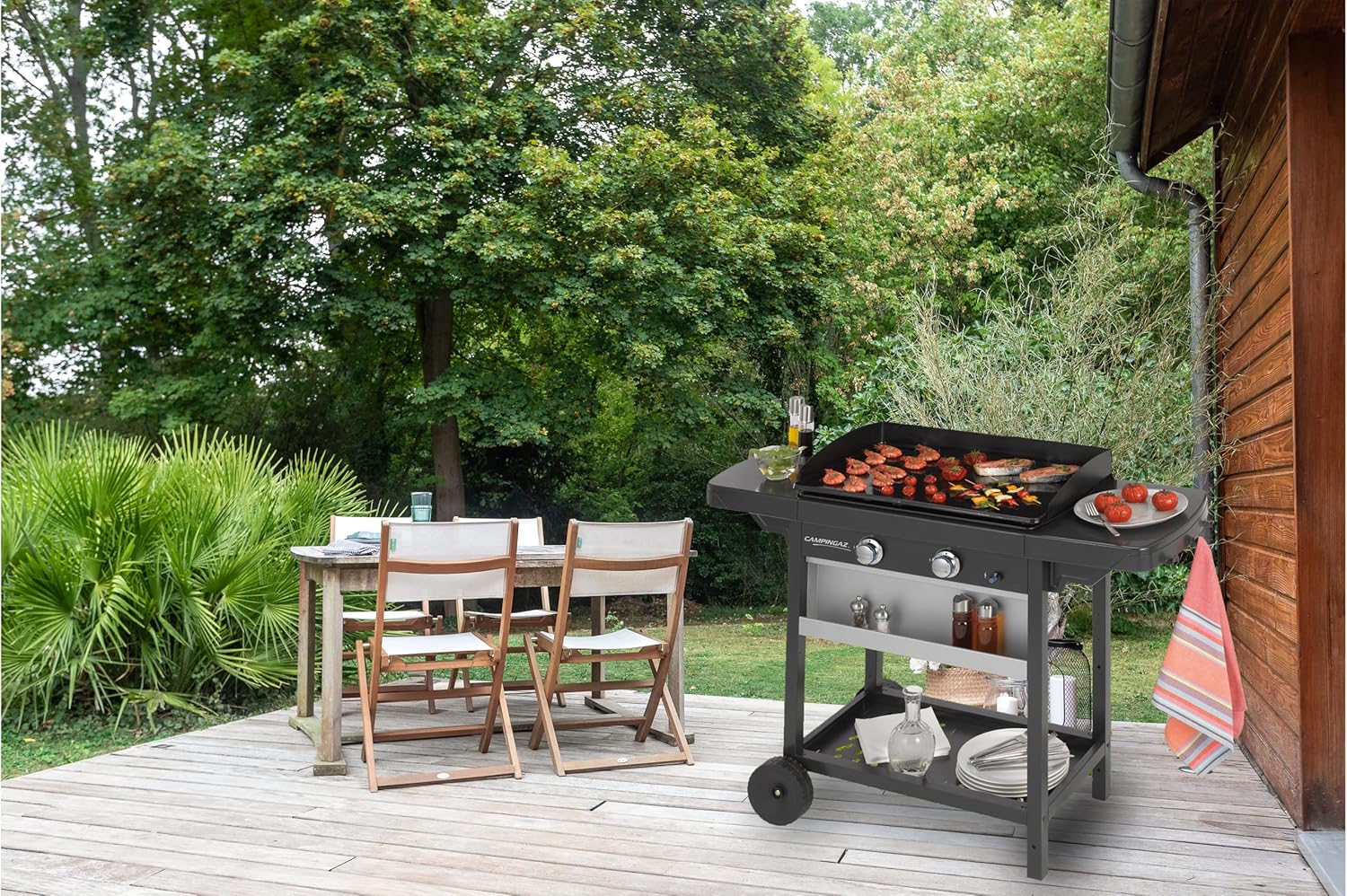 Campingaz Plancha EXB Plus, plancha au gaz sur chariot, grill gastronomique avec plaque en acier émaillé et 2 brûleurs, puissance 7500 W, pour des grillades méditerranéennes, Noir