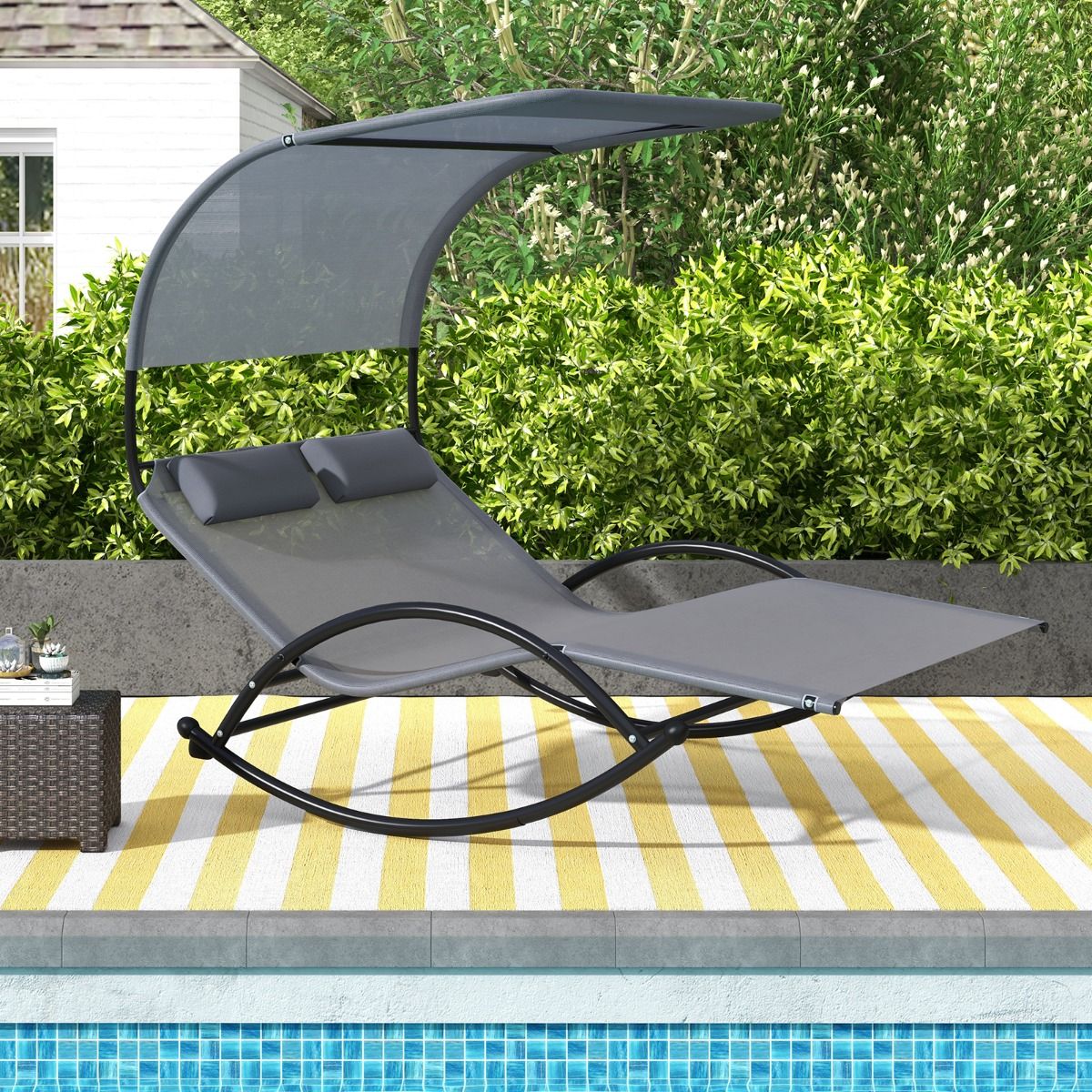 Chaise Longue Double Chaise à Bascule pour 2 Personnes 2 Appui-Têtes Amovibles Cadre en Métal Robuste Lit de Repos Ergonomique 2 Places Gris/Noir/Beige