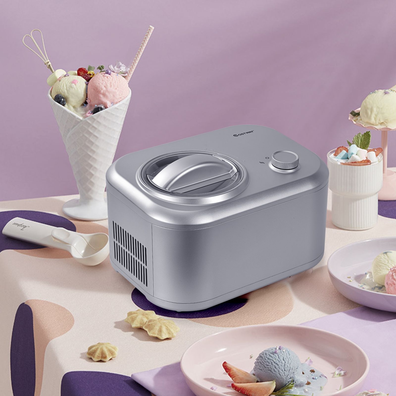 Sorbetière Turbine à Glace 1L Puissance 100W à Compresseur avec Cuillère 3 Modes de Fonctionnement Argent