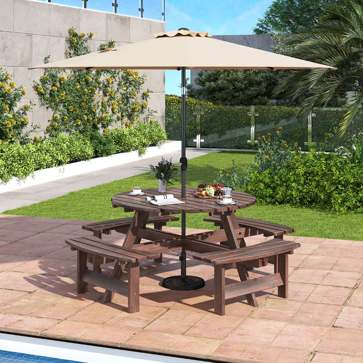 Ensemble Table de Pique-Nique en Bois pour 2 à 8 Personnes Set Table et Banc Circulaire avec 4 Bancs Intégrés Trou de Parasol de 5cm Marron/Jaune