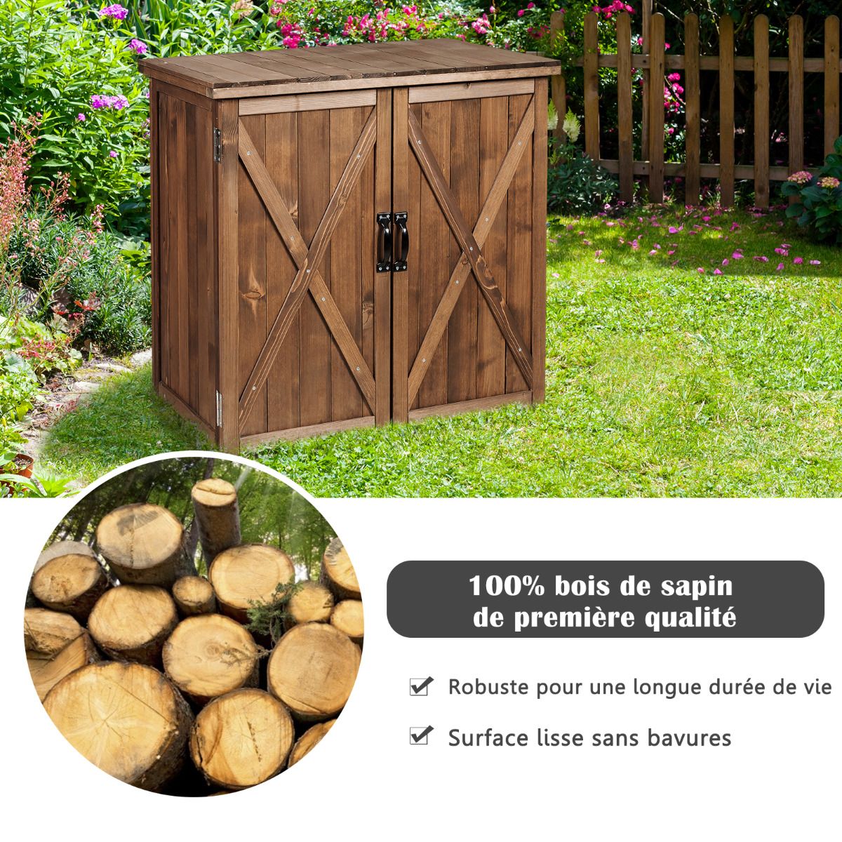 Armoire de Jardin Exterieur en Bois 77,5 x 56 x 72 cm Abri à Outils avec Double Portes Marron