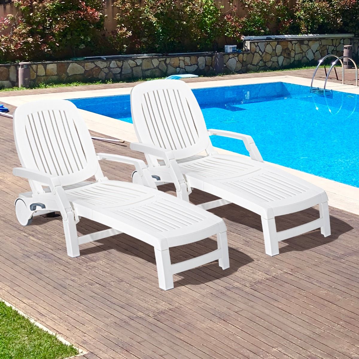 Chaise Longue Inclinable Réglable à 5 Positions avec Roues Flexibles Fauteuil Relax de Camping avec Boîte de Rangement Charge 150KG Blanc