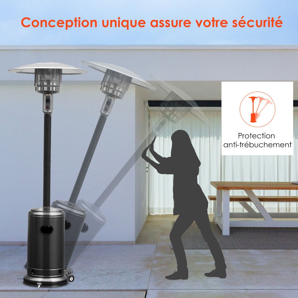 Parasol Chauffage Extérieur à Gaz 13KW Réflecteur 82cm avec Dispositif de Anti-basculement Tube 2 Roues Fluide 220cm Noir