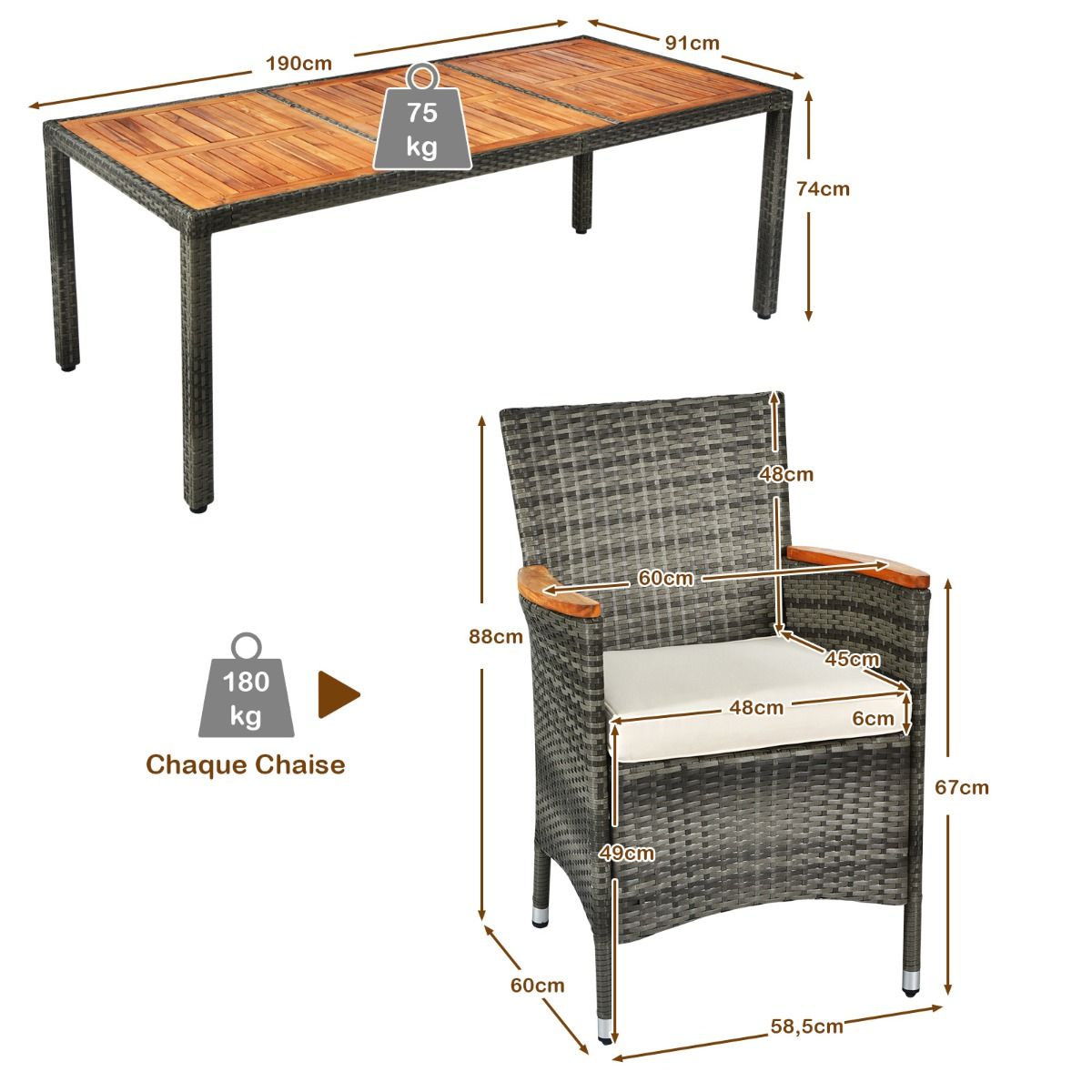 Salon de Jardin avec 1 Table et 8 Chaises en Bois et Rotin Synthétique Anti-UV Pieds Réglables et Coussins Imperméables Inclus