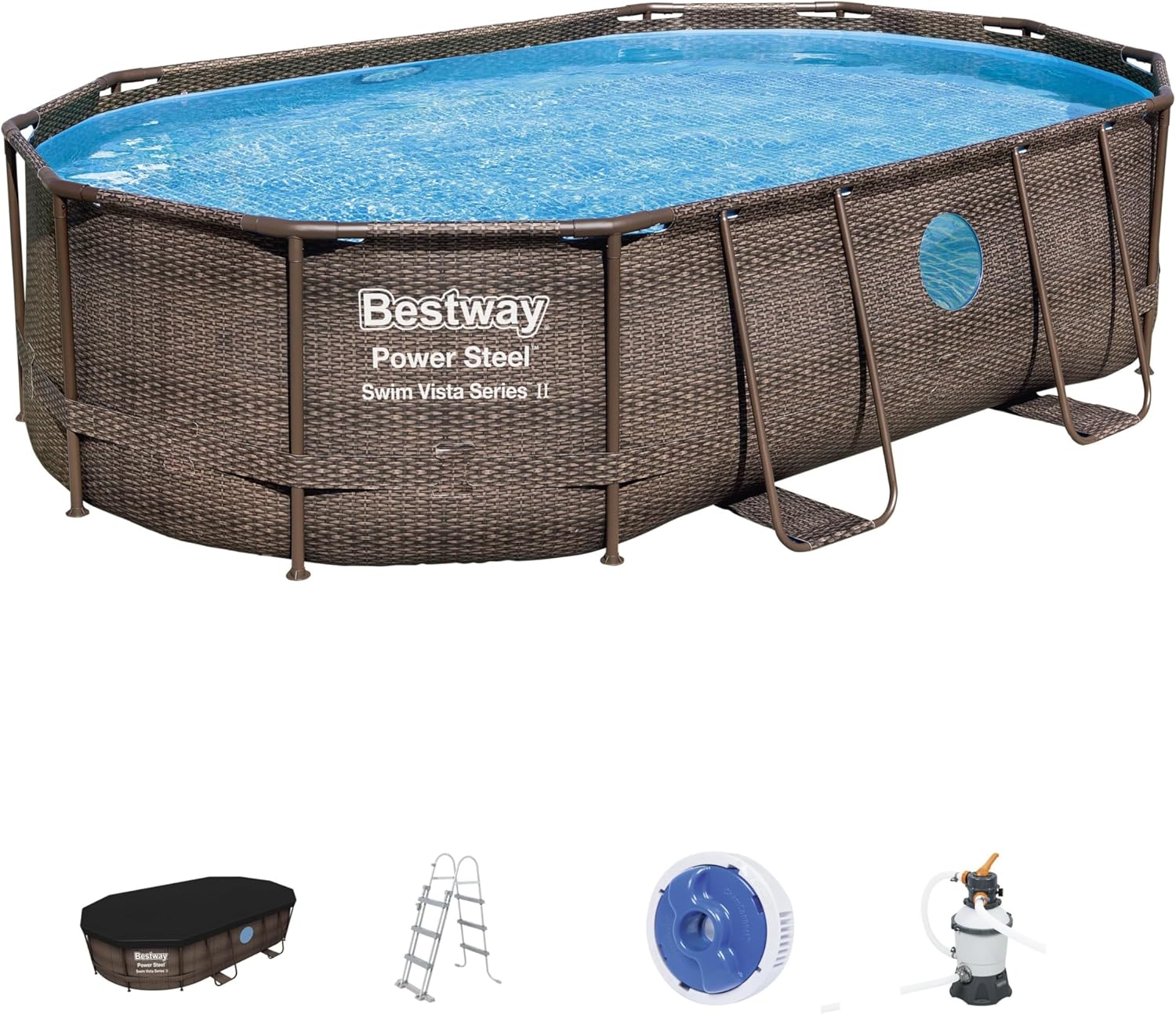 Bestway 56946 Piscine Power Steel™ Swim Vista ovale 488 x 305 x 107 cm motif rotin avec hublots, filtration à sable, échelle, bâche et diffuseur Chemconnect™