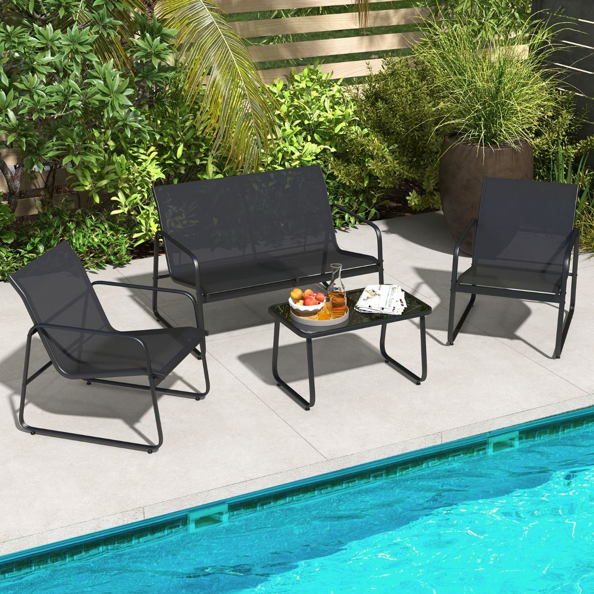 Salon de Jardin 4 Pièces avec 2 Chaises Table en Verre Trempé et Causeuse Meuble Extérieur en Tissu Respirant Cadre Métallique Noir