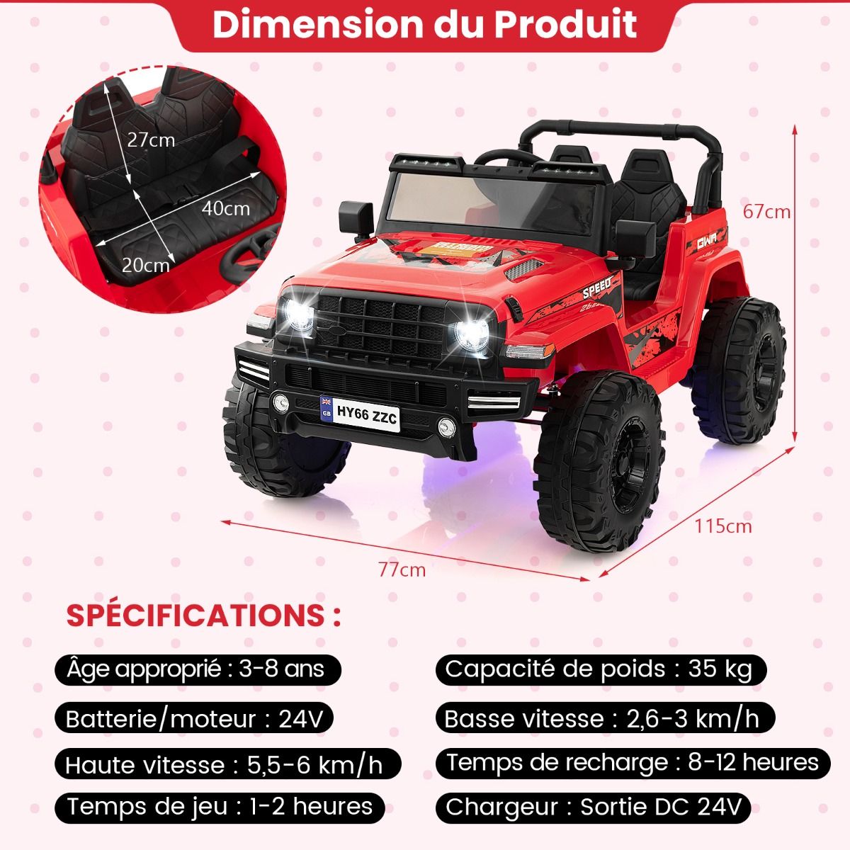 24V Voiture Électrique 2 Places Enfants avec Télécommande 2,4G Musique LED Démarrage Lent 2 Vitesses Charge 35kg pour 3-8 Ans+ Rouge/Rose/Vert