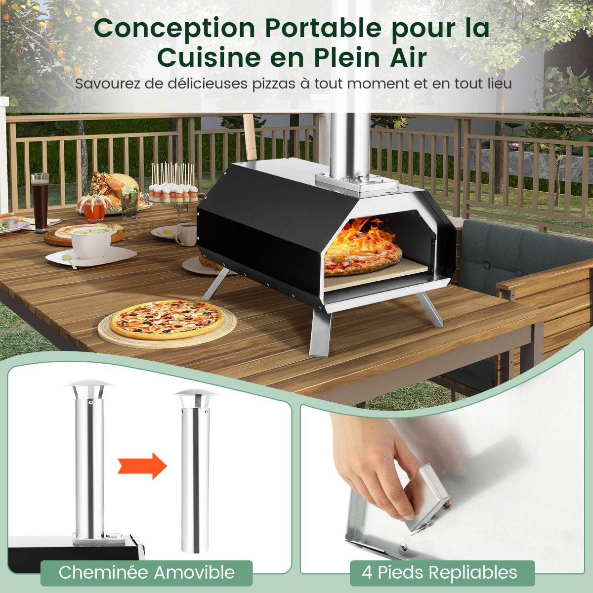Four à Pizza Extérieur en Acier Inoxydable avec Pierre à Pizza de 30,5cm Four à Bois pour Pizza avec Pelle Pare-feu Pieds Pliables