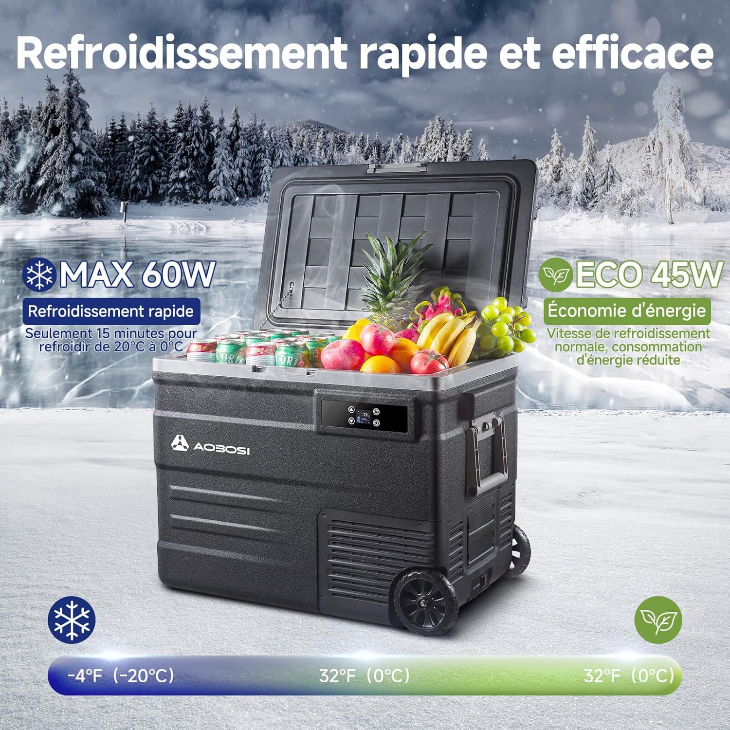 AAOBOSI 45L Glacière à Compresseur, Glaciere Électrique -20℃ à 20℃, Frigo Camion APP&Bouton Contrôle, 12/24V DC et 100-240V AC Glaciere Camping Pour Voiture, Camion, Bateau et Prise De Courant