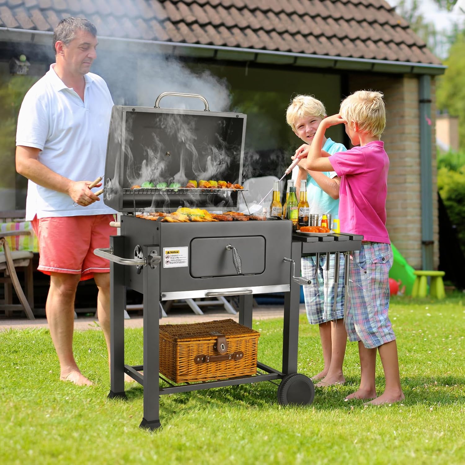 Barbecue Charbon de Bois XL, Chariot à Barbecue, Grill XL à Charbon avec Couvercle, Roues et Thermomètre, Réglable en Hauteur, Grand Barbecue au Charbon de Bois, pour Camping et Jardin, Noir