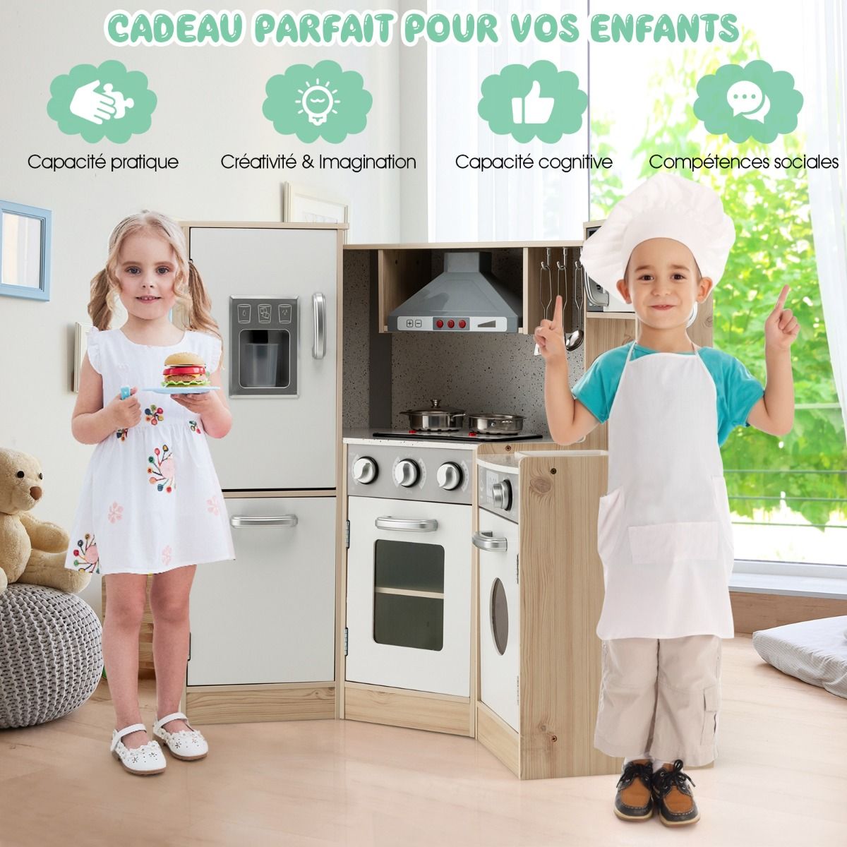 Cuisine Enfants en Bois XXL Angle 105 x 49 x 85 cm ( L x l x H ) Cuisine Complet avec Four Lave Linge 3 An+