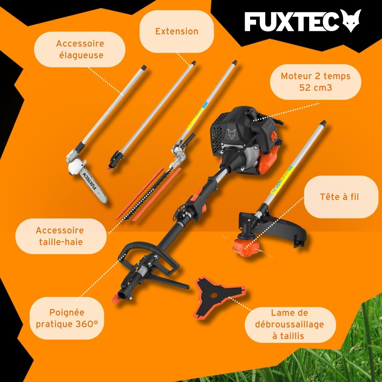Fuxtec Débroussailleuse Thermique Multifonction 5 en 1 Multitool FX-MT152E - Easy Starter 3CV 52 cm³, Moteur 2 Temps, Élagueuse Taille Haie Coupe Bordure Avec Fil ou Lame 1 Mètre Rallonge