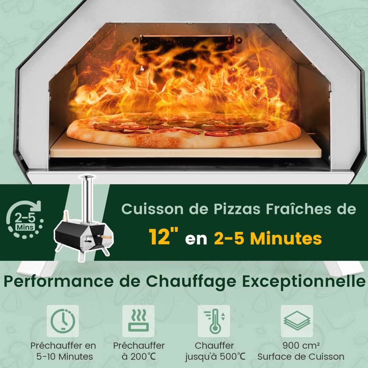 Four à Pizza Extérieur en Acier Inoxydable avec Pierre à Pizza de 30,5cm Four à Bois pour Pizza avec Pelle Pare-feu Pieds Pliables