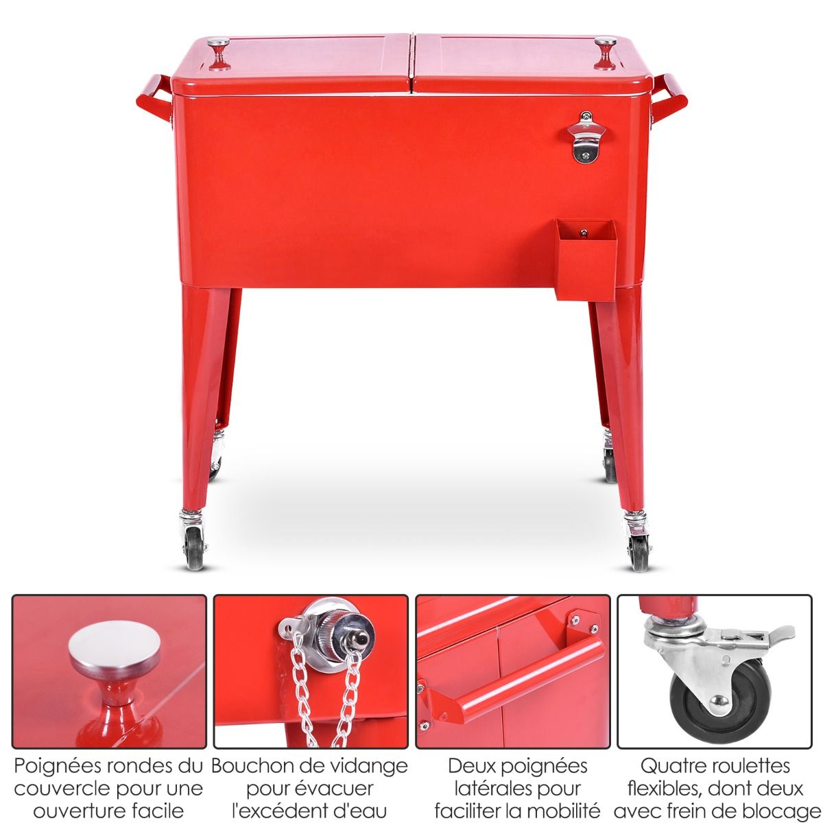 Chariot Isotherme Roulant de 76L Réfrigérant avec Roulettes Universelles Ouvre-bouteille Desserte Jardin pour Conserver Glace et Boissons
