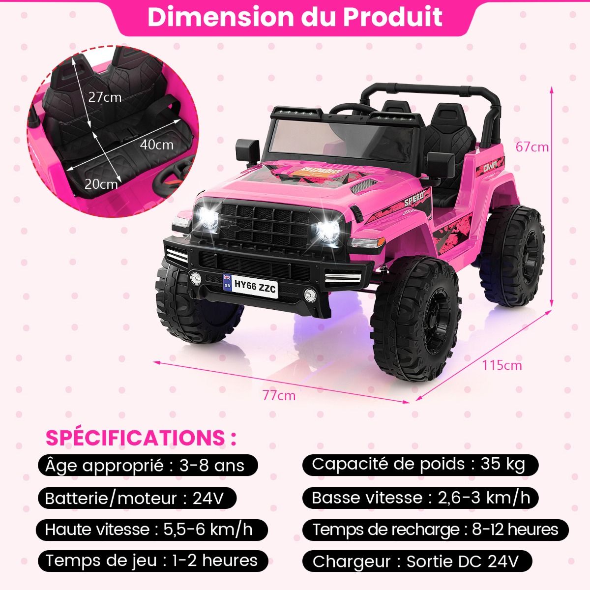 24V Voiture Électrique 2 Places Enfants avec Télécommande 2,4G Musique LED Démarrage Lent 2 Vitesses Charge 35kg pour 3-8 Ans+ Rouge/Rose/Vert