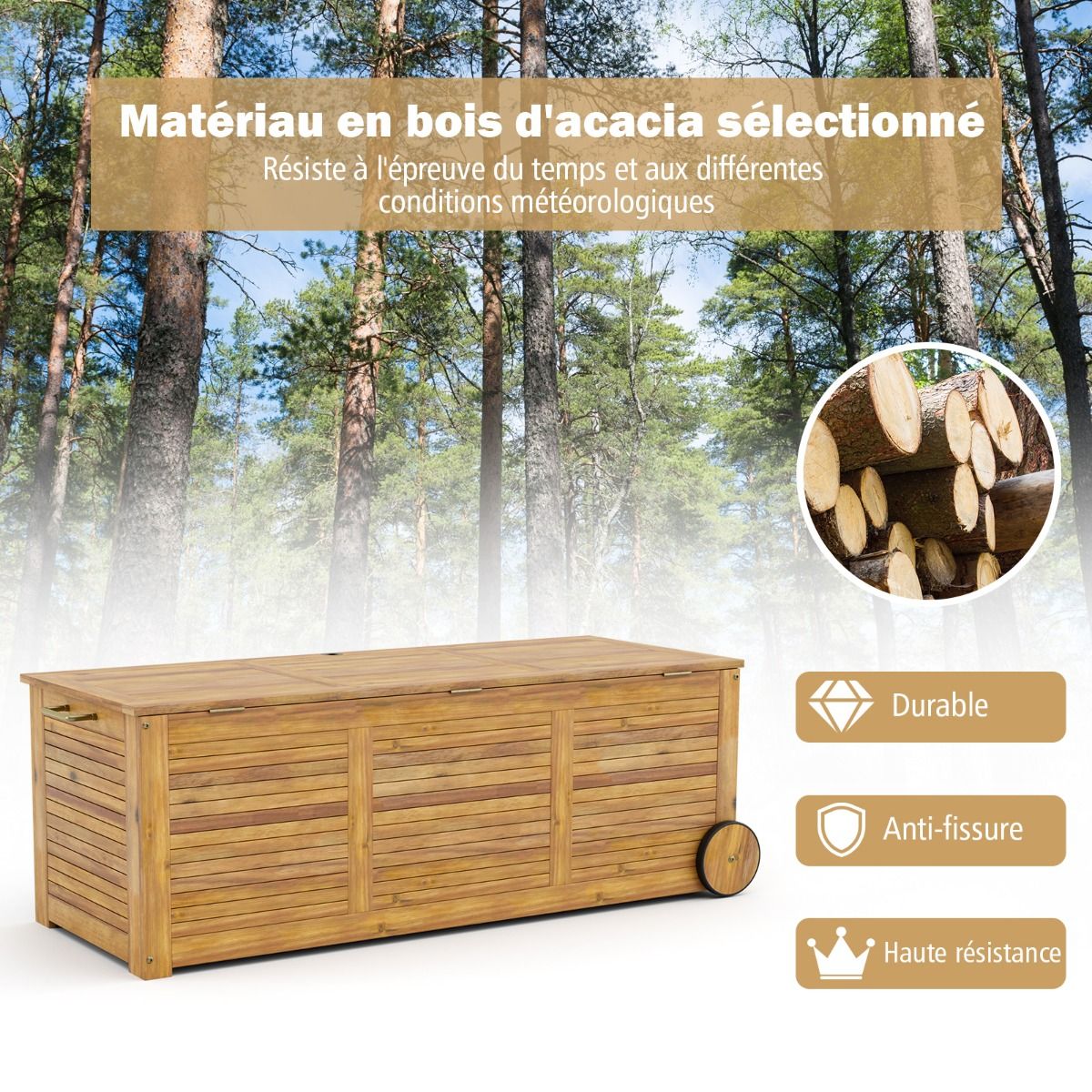 Coffre de Rangement 182L en Bois d’Acacia Charnière en Métal Banc de Rangement à Roulettes Extérieur pour Jardin Patio