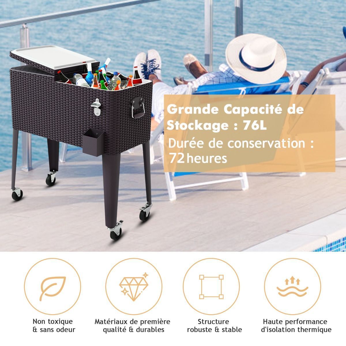 Glacière à Roues Verrouillables 76L Dessert de Glace avec Décapsuleur et Réceptacle à Capsules en PP de haute alimentaire Garder au Frais 72h 83 x 48 x 87 CM