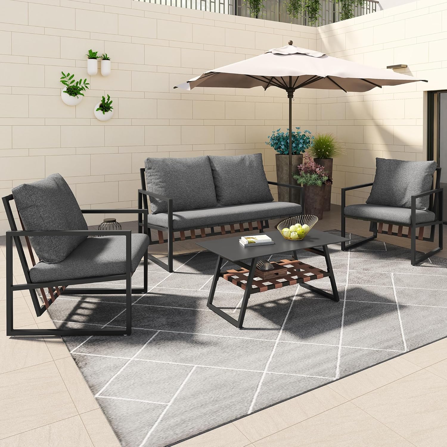Zepneiy Salon de Jardin, Salon de Jardin 4 Personnes, avec canapé, Table Basse et Coussins, Housse en Tissu déhoussable et Lavable, Noir (Coussins d'assise Inclus)