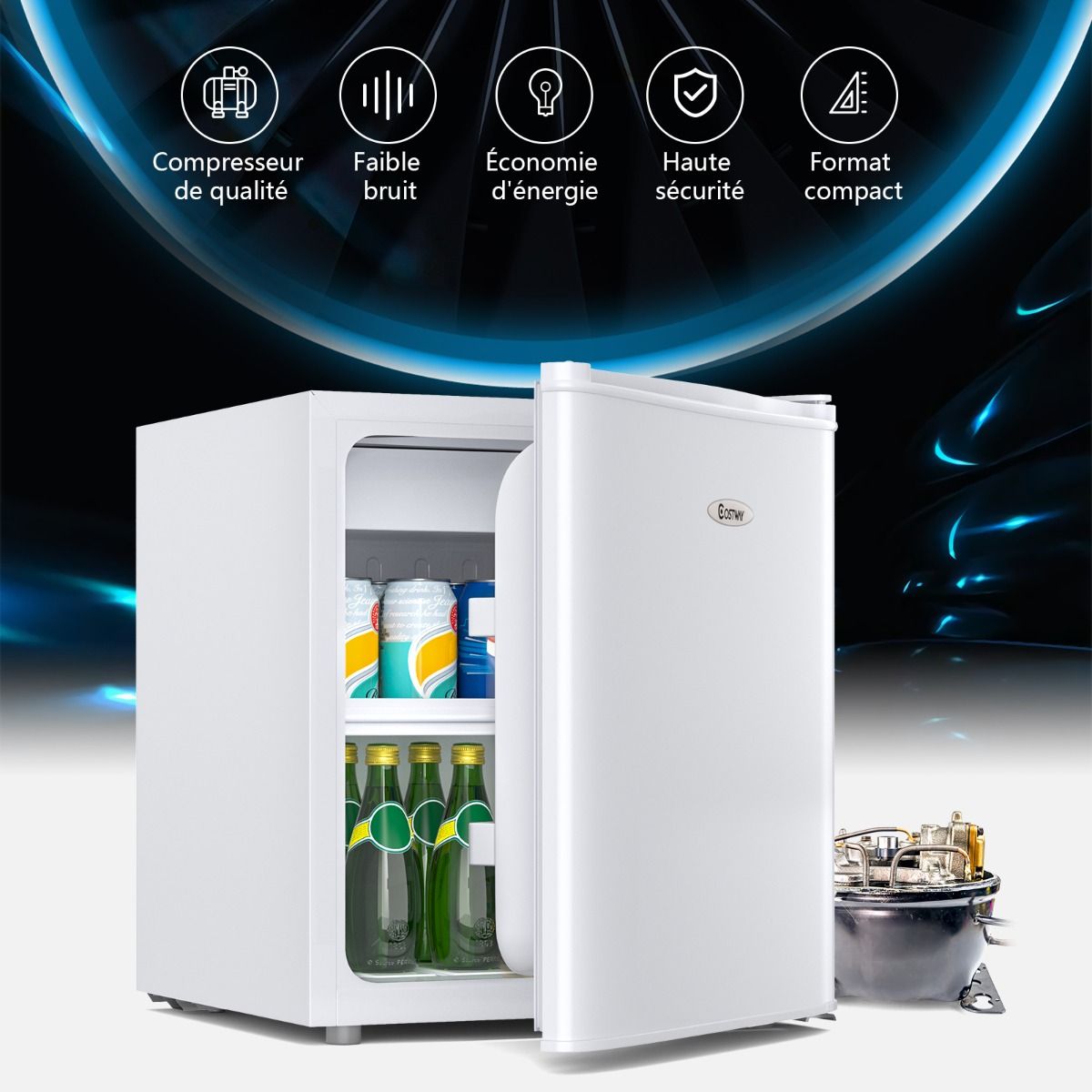 Mini Réfrigérateur 48L, 2 niveaux et porte-bouteille, bac à légumes, Silencieux 230V, 46 x 44 x 49 cm, Blanc