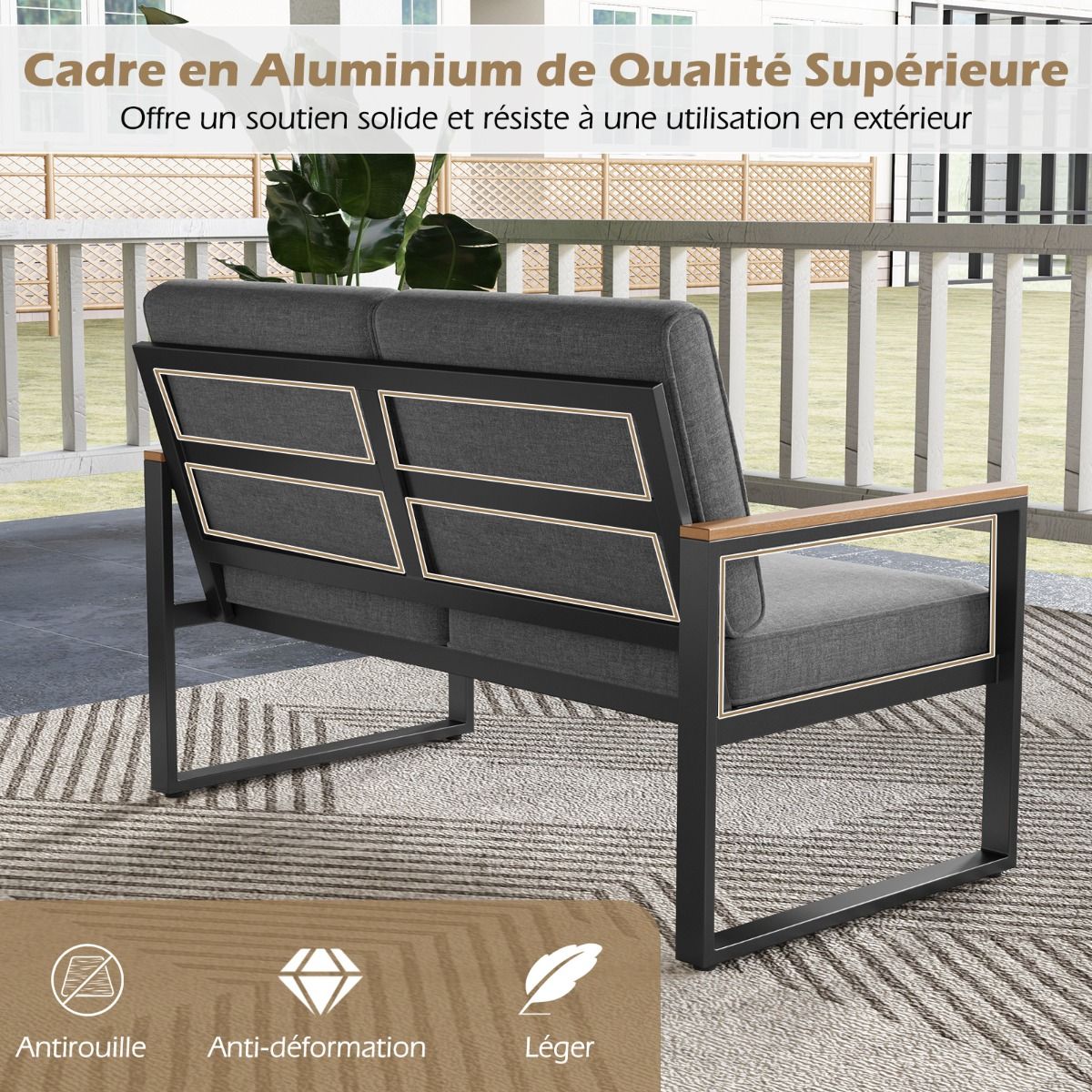 Salon de Jardin 2 Pièces avec Table Basse Causeuse Ensemble de Meubles d'Extérieur en Aluminium avec Accoudoirs Gris