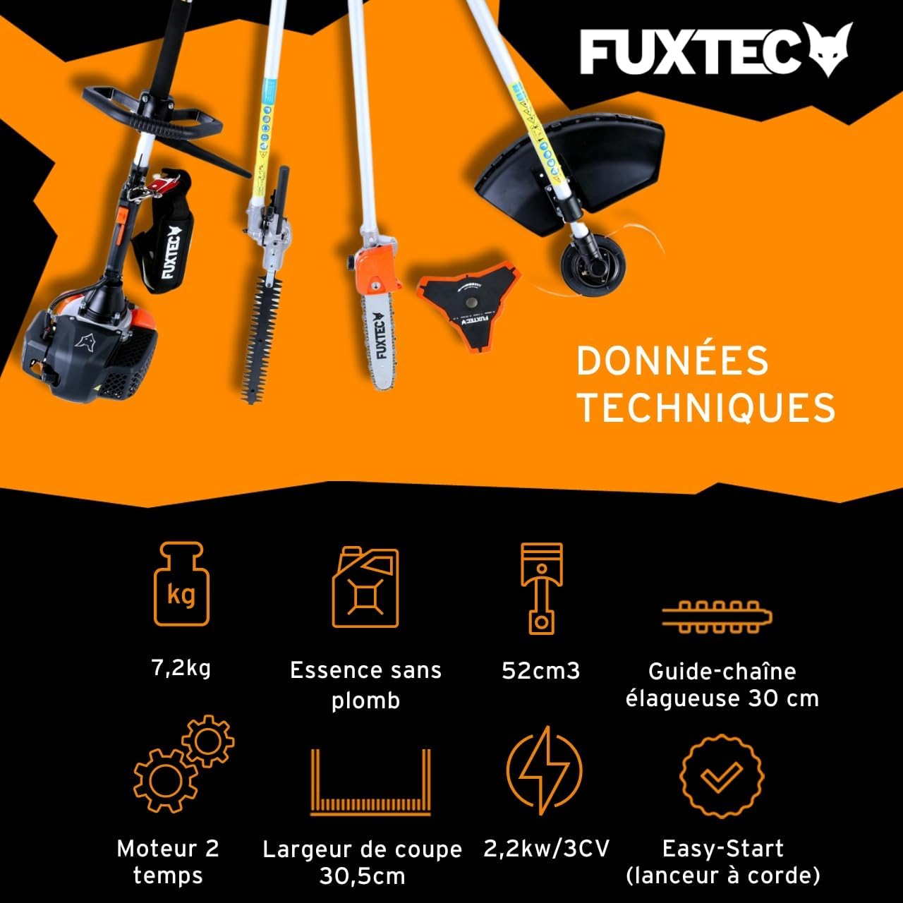 Fuxtec Débroussailleuse Thermique Multifonction 5 en 1 Multitool FX-MT152E - Easy Starter 3CV 52 cm³, Moteur 2 Temps, Élagueuse Taille Haie Coupe Bordure Avec Fil ou Lame 1 Mètre Rallonge
