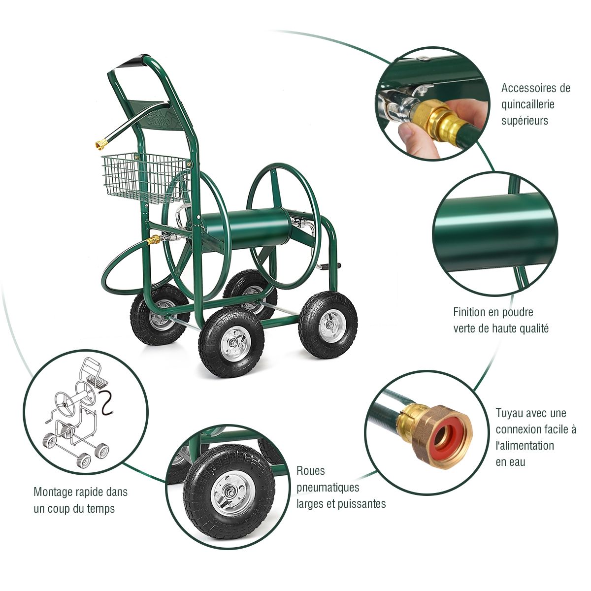 Dévidoir de Tuyau d’Arrosage avec 4 Roulettes Chariot pour 1.7m de Tuyau d’Arrosage Panier, 95x62x113cm, Vert
