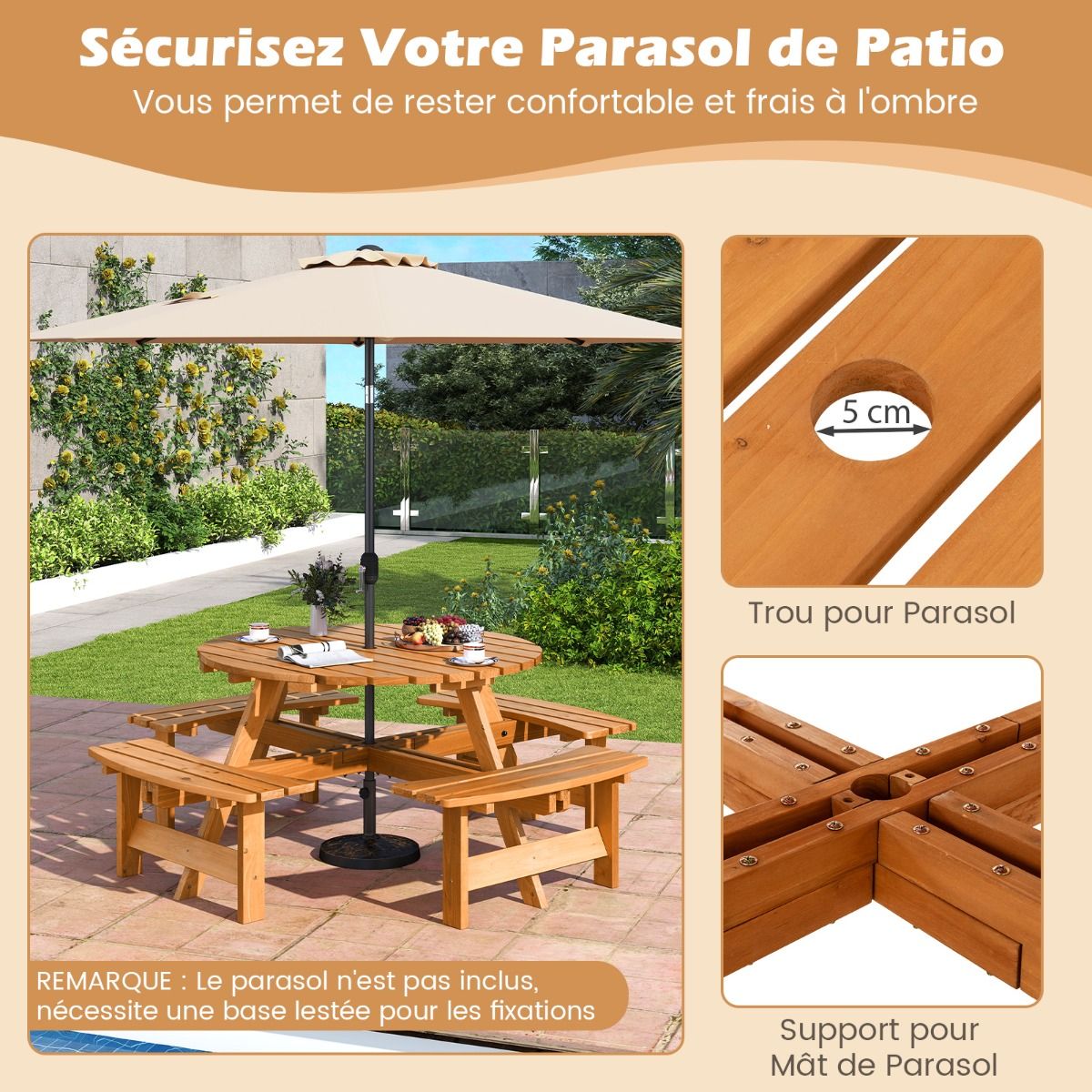 Ensemble Table de Pique-Nique en Bois pour 2 à 8 Personnes Set Table et Banc Circulaire avec 4 Bancs Intégrés Trou de Parasol de 5cm Marron/Jaune